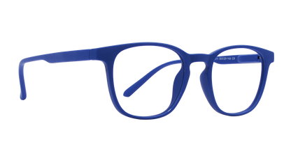 A sleek, modern pair of rectangular blue eyeglasses is the sole focus of this simple composition. Set against a black background, the eyeglasses stand out as a bold statement piece, exuding confidence and sophistication. The glasses themselves are unadorned, with no visible branding or embellishments, emphasizing their uncomplicated elegance. They sit symmetrically on the frame, creating a sense of balance and harmony. 
