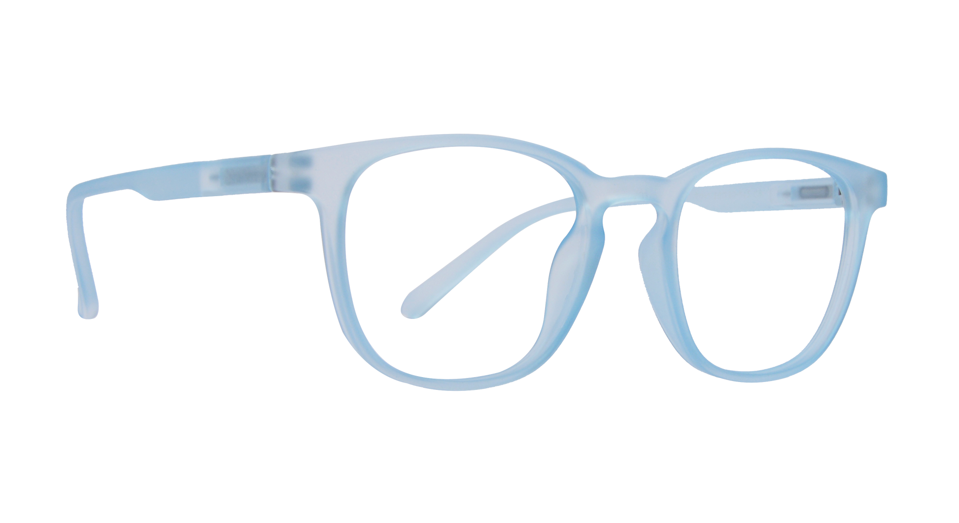 A sleek, modern look is conveyed in this clinically minimalist photograph of a pair of eyeglasses. The glasses feature a clear, frameless design, and the lenses are crisp and unblemished. The background is dark and unadorned, save for the glasses themselves and a pair of blue frames visible in the lower right-hand corner, slightly out of focus. The blue frames share a similar style to the other pair, but are not in use and are slightly disheveled on the surface they rest upon.