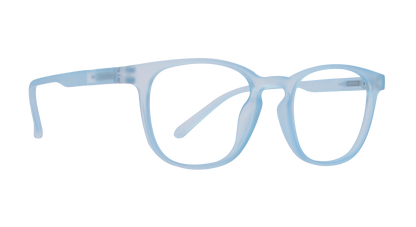 A sleek, modern look is conveyed in this clinically minimalist photograph of a pair of eyeglasses. The glasses feature a clear, frameless design, and the lenses are crisp and unblemished. The background is dark and unadorned, save for the glasses themselves and a pair of blue frames visible in the lower right-hand corner, slightly out of focus. The blue frames share a similar style to the other pair, but are not in use and are slightly disheveled on the surface they rest upon.