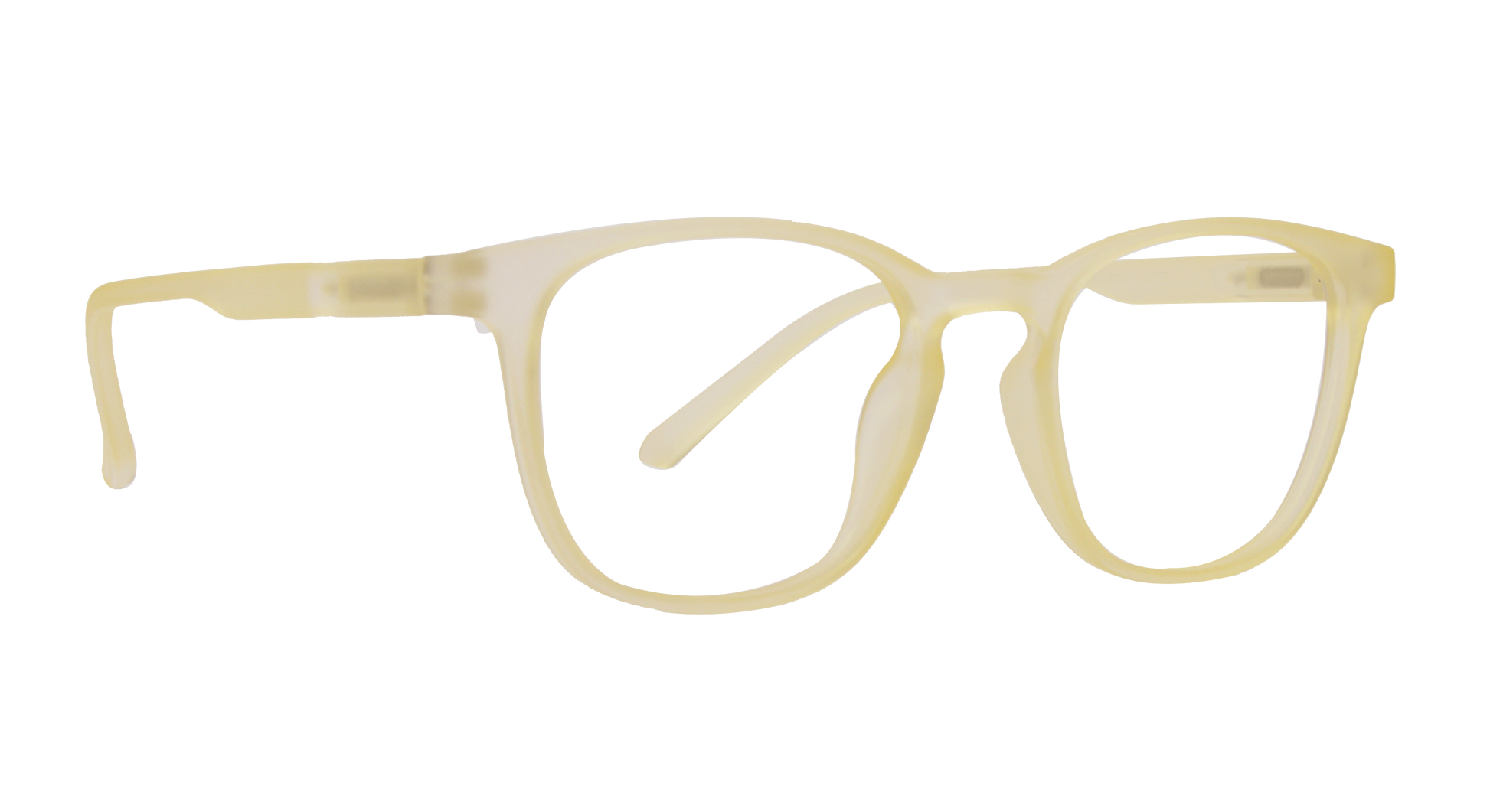 The image depicts a pair of yellow reading glasses on a black background. The glasses are the central focus of the photo and are positioned slightly off-center. They have rectangular frames and slightly curved temples at the sides, and are lying flat on their side. The glasses are yellow with a lighter-colored interior and are prominently placed against a white background that gradually fades to black at the edges. 