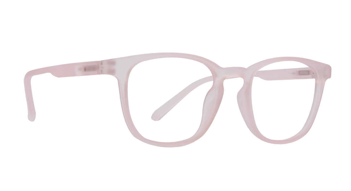 On a stark black background, a pair of pink eyeglasses stands out with its vibrant and youthful hue. Delicately crafted, the glasses feature a sleek and slim metal frame, complementing their rectangular design. The glasses bridge sits comfortably on the wearer's nose, while the elongated temples extend outwards, curving gently towards their endpoints.