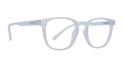 Against a stark black background, a pair of clear glasses serves as the sole focal point of the image. The glasses are identical, with thin metal frames and rims that surround the two rectangular lenses. The distance between the lenses is minimal, and the glasses are positioned to face forwards directly at the viewer. The lack of any other visual elements draws attention to the craftsmanship and construction of the glasses themselves, allowing their understated elegance to take center stage.