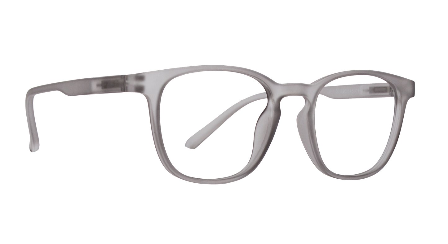 On a dark background, a pair of glasses with clear frames is centered in the image. The glasses have a minimalist design, with thin arms and a rectangular shape. The clear frames contrast with the black background, making the glasses stand out. The glasses appear to be placed on a surface, without any other objects or details in the image.