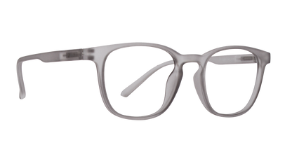 On a dark background, a pair of glasses with clear frames is centered in the image. The glasses have a minimalist design, with thin arms and a rectangular shape. The clear frames contrast with the black background, making the glasses stand out. The glasses appear to be placed on a surface, without any other objects or details in the image.
