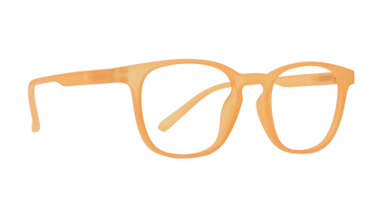 The photograph depicts a pair of bold, orange eyeglasses set against a stark, black background. The glasses are the focal point of the image, with their vibrant hue and distinctive shape commanding attention. The lenses are large and transparent, suggesting a sturdy and durable construction. 